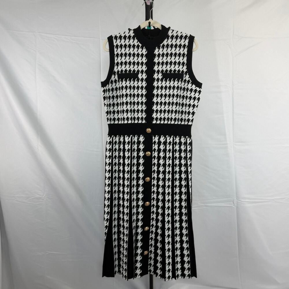 NWT Aleeza Paris Midi Sleeveless Knit Mock Neck Houndstooth Dress Size L